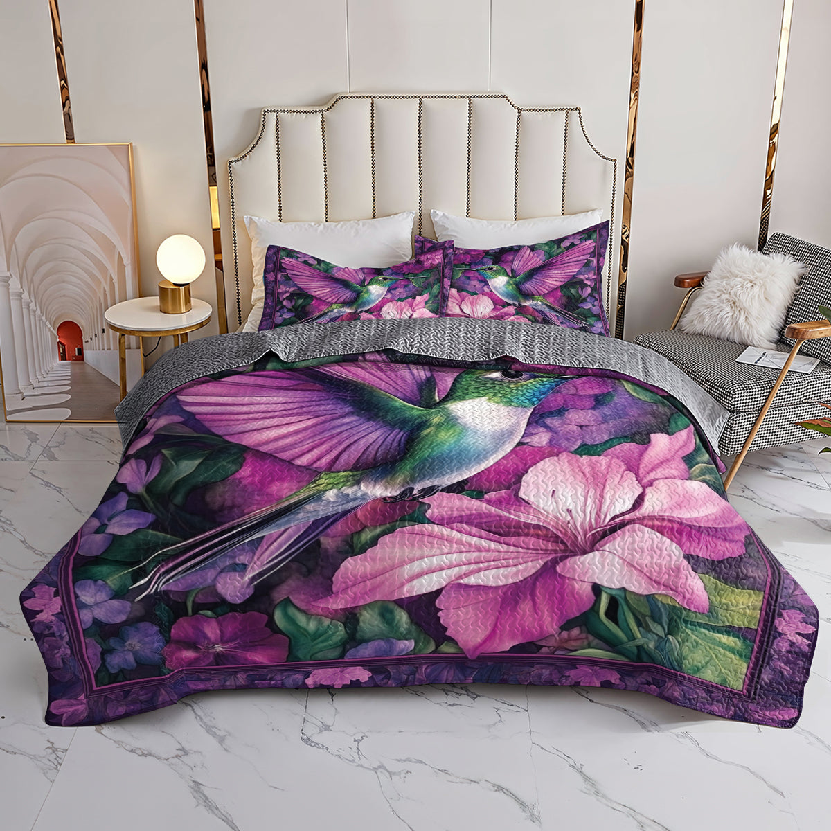 Shineful All Season Quilt 3-Piece Set Purple Hummingbird & Floral