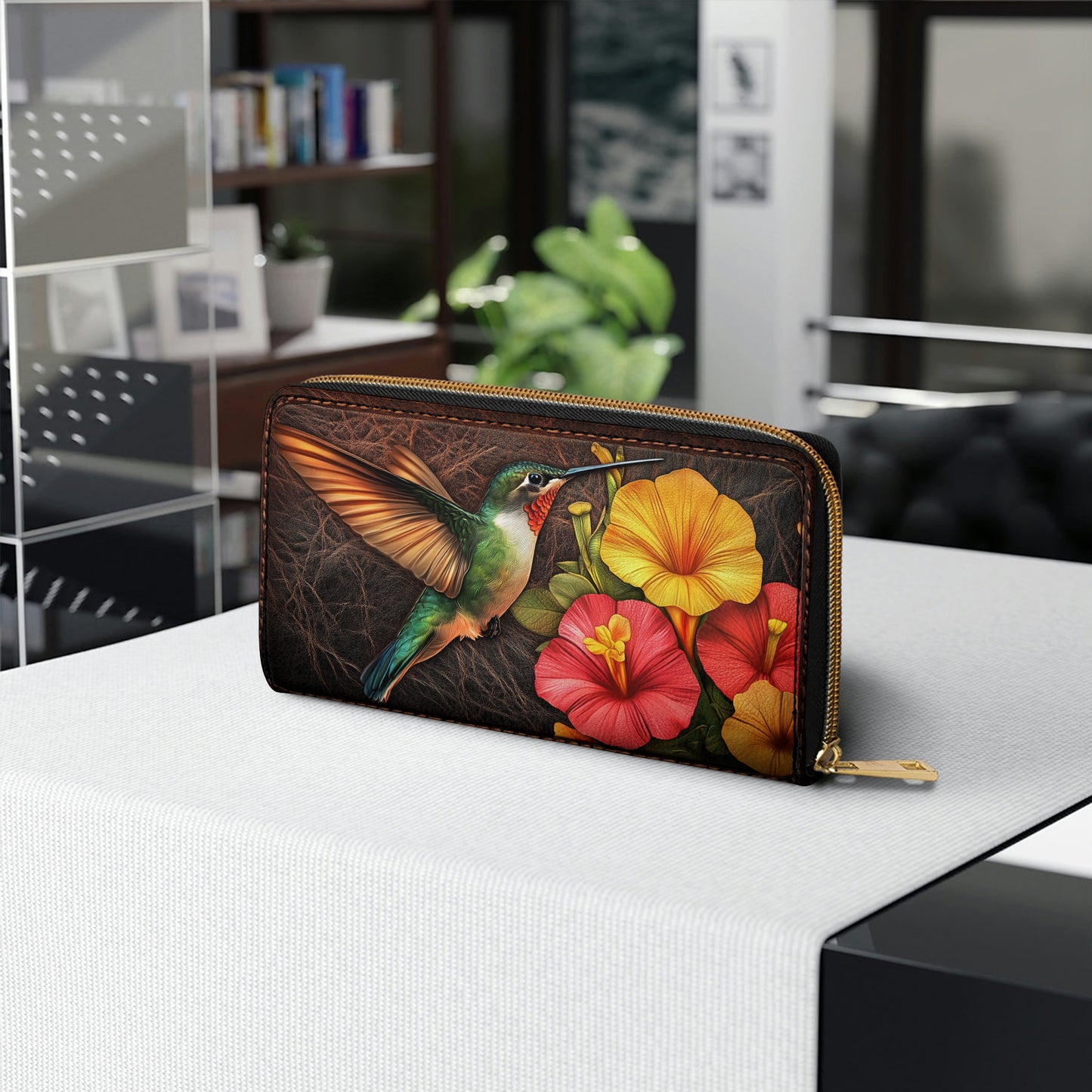 Shineful Leather Clutch Purse With Wristlet Strap Handle Tropical Hummingbird