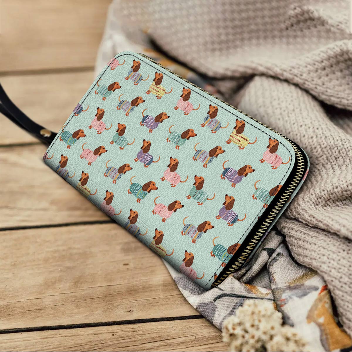 Shineful Leather Clutch Purse With Wristlet Strap Handle Colorful Dachshunds Ver2