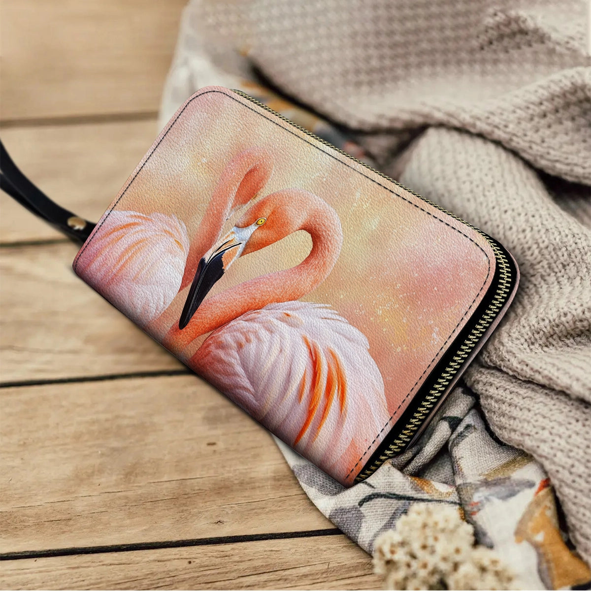 Shineful Leather Clutch Purse With Wristlet Strap Handle Flawlessly Fabulous Flamingo Bliss