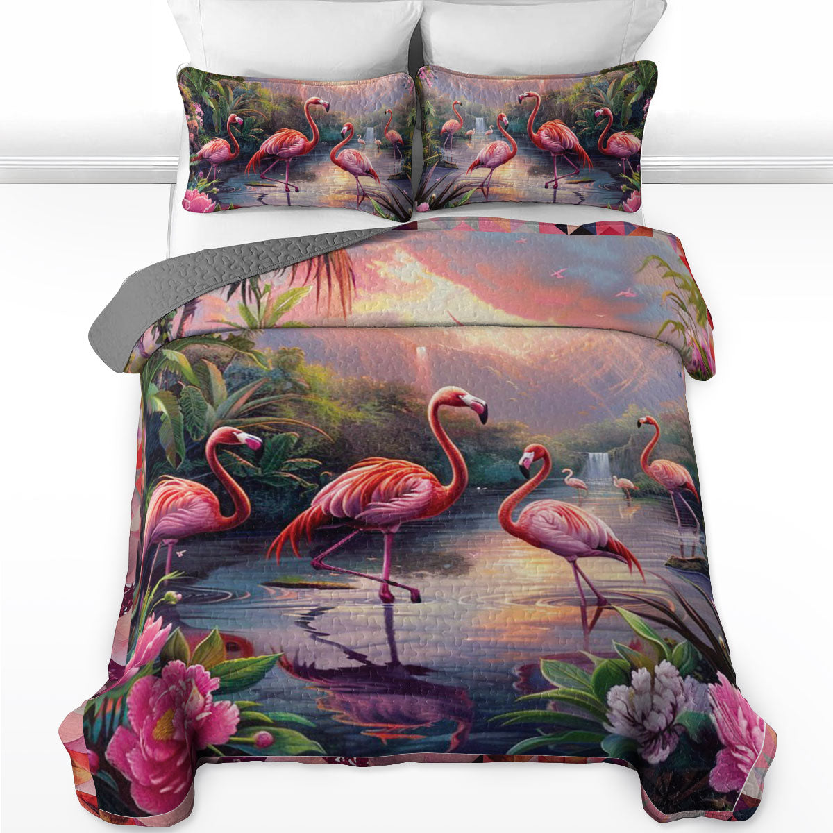 Ensemble de courtepointe toutes saisons Shineful 3 pièces Flamingo Paradise 