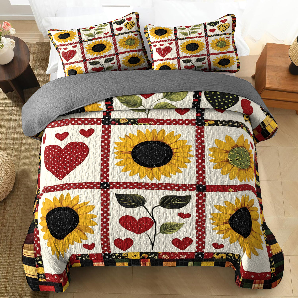 Shineful All Season Quilt 3-Piece Set Heart Sunflower Garden