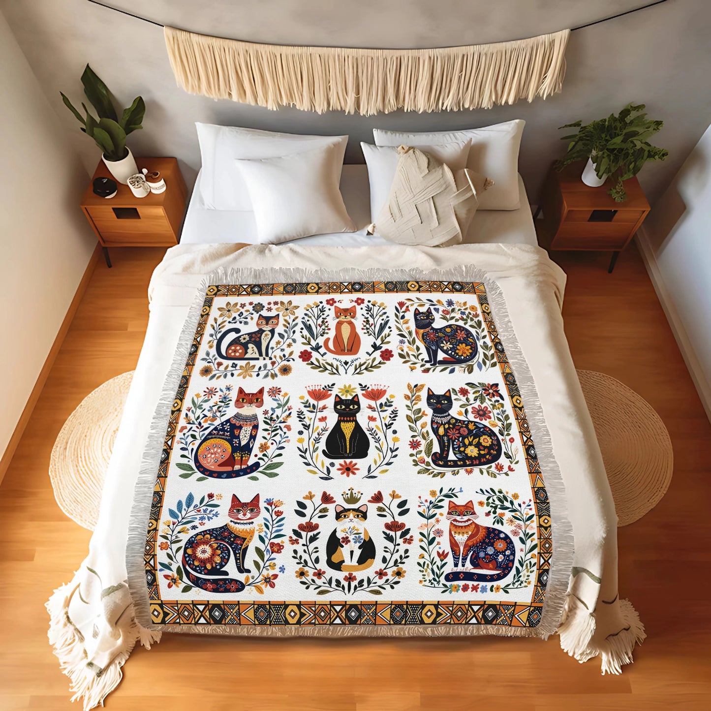 Shineful Woven Tapestry Throw Blanket Folk Cat Garden