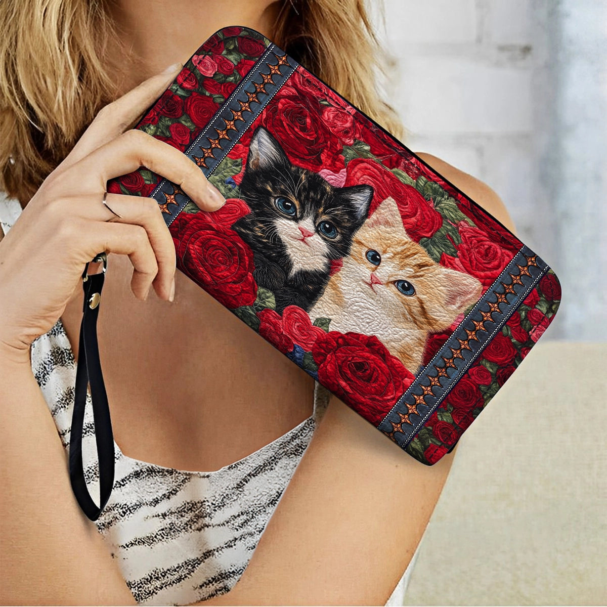 Shineful Leather Clutch Purse With Wristlet Strap Handle Cat Purrfect Rose Companions