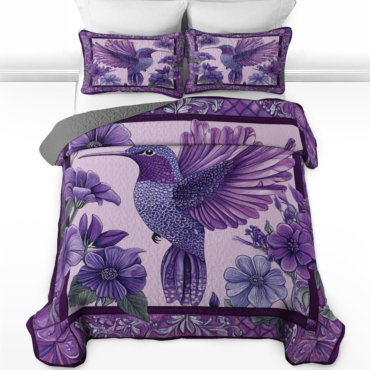 Shineful All Season Quilt 3-Piece Set Purple Hummingbird