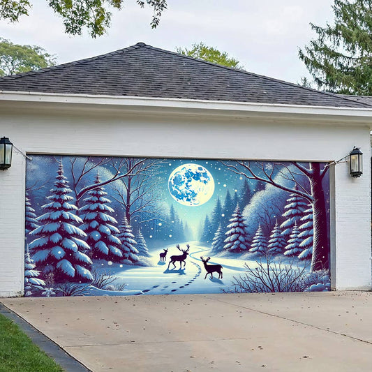 Shineful Garage Door Banner Decoration Snowy Forest Elegance
