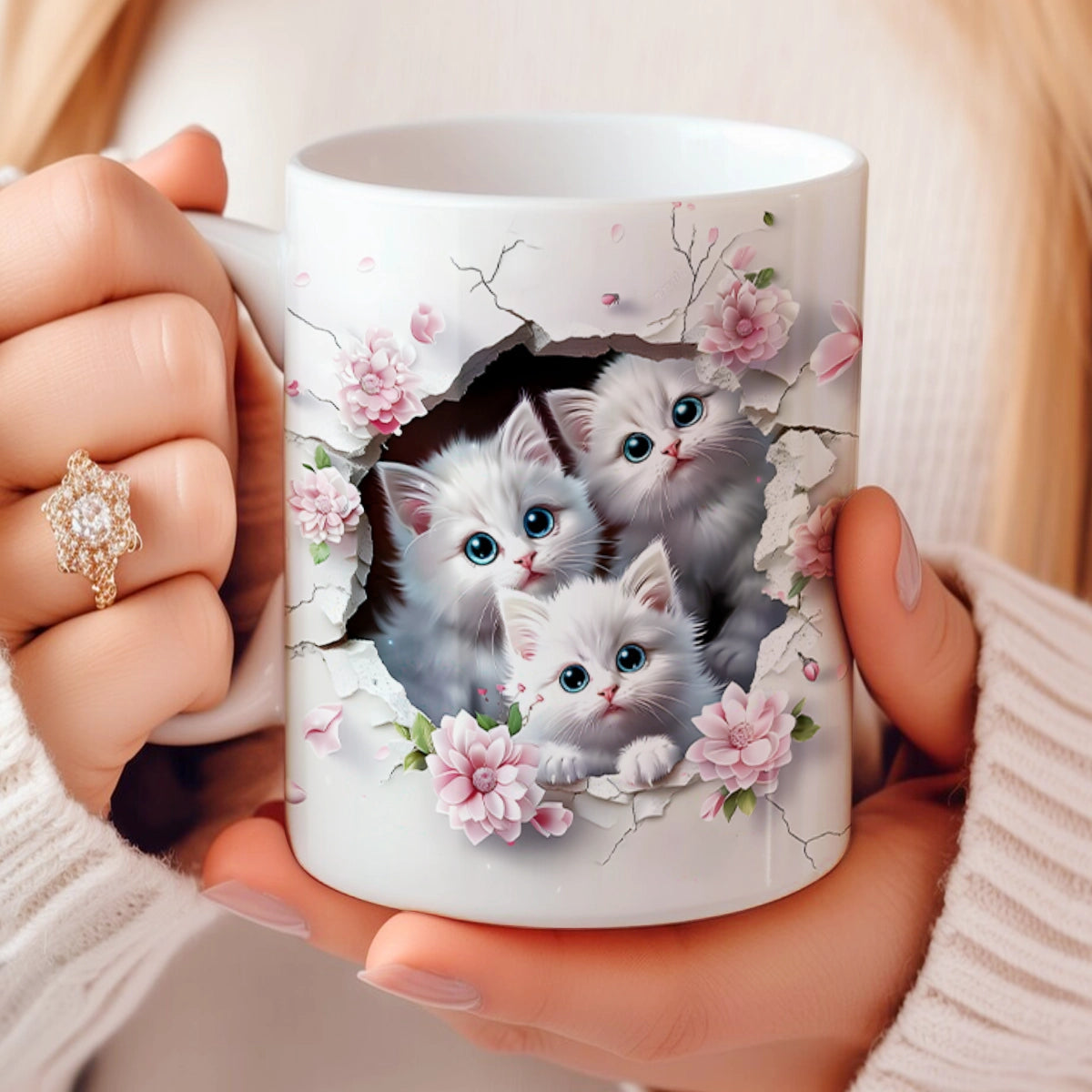 Tasse en céramique brillante Trio de chatons