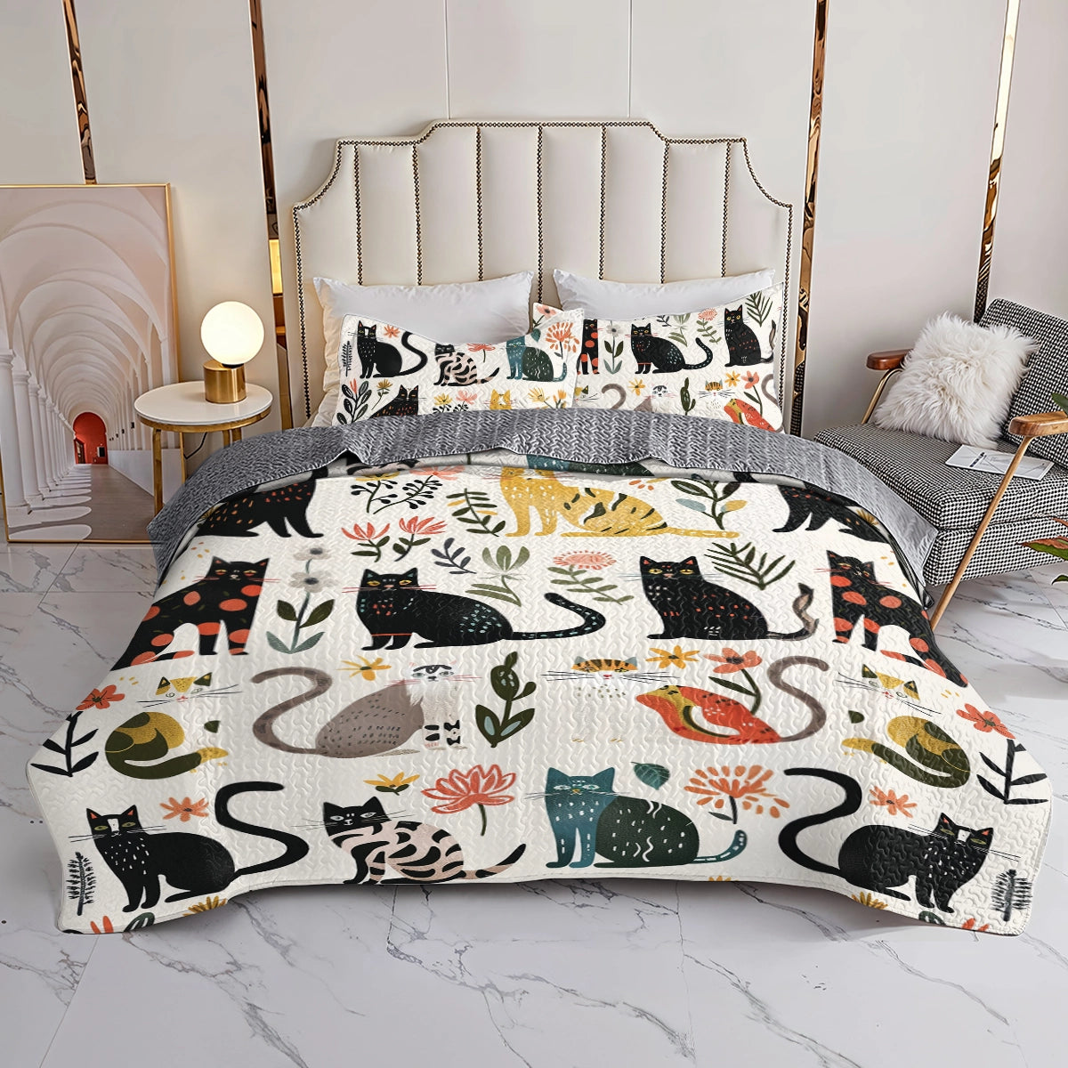 Shineful All Season Quilt 3-Piece Set Botanical Cat Bliss