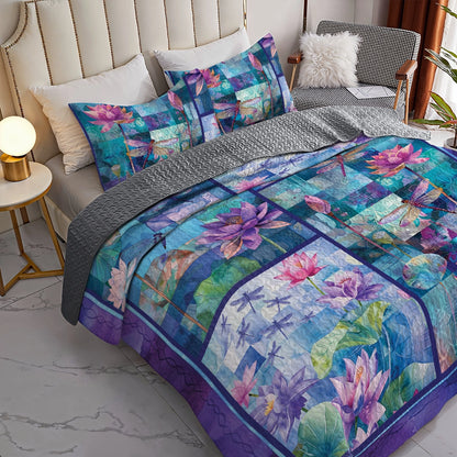 Shineful All Season Quilt 3-Piece Set Lotus Dragonfly Serenity