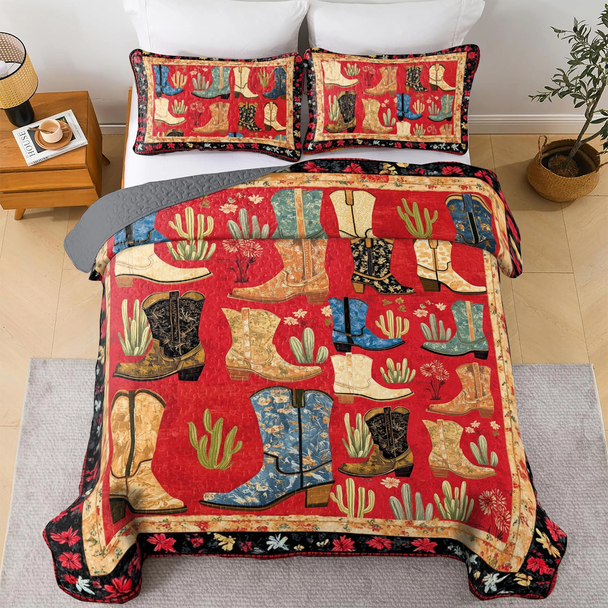 Shineful All Season Quilt 3-Piece Set Cactus & Cowboy Boots