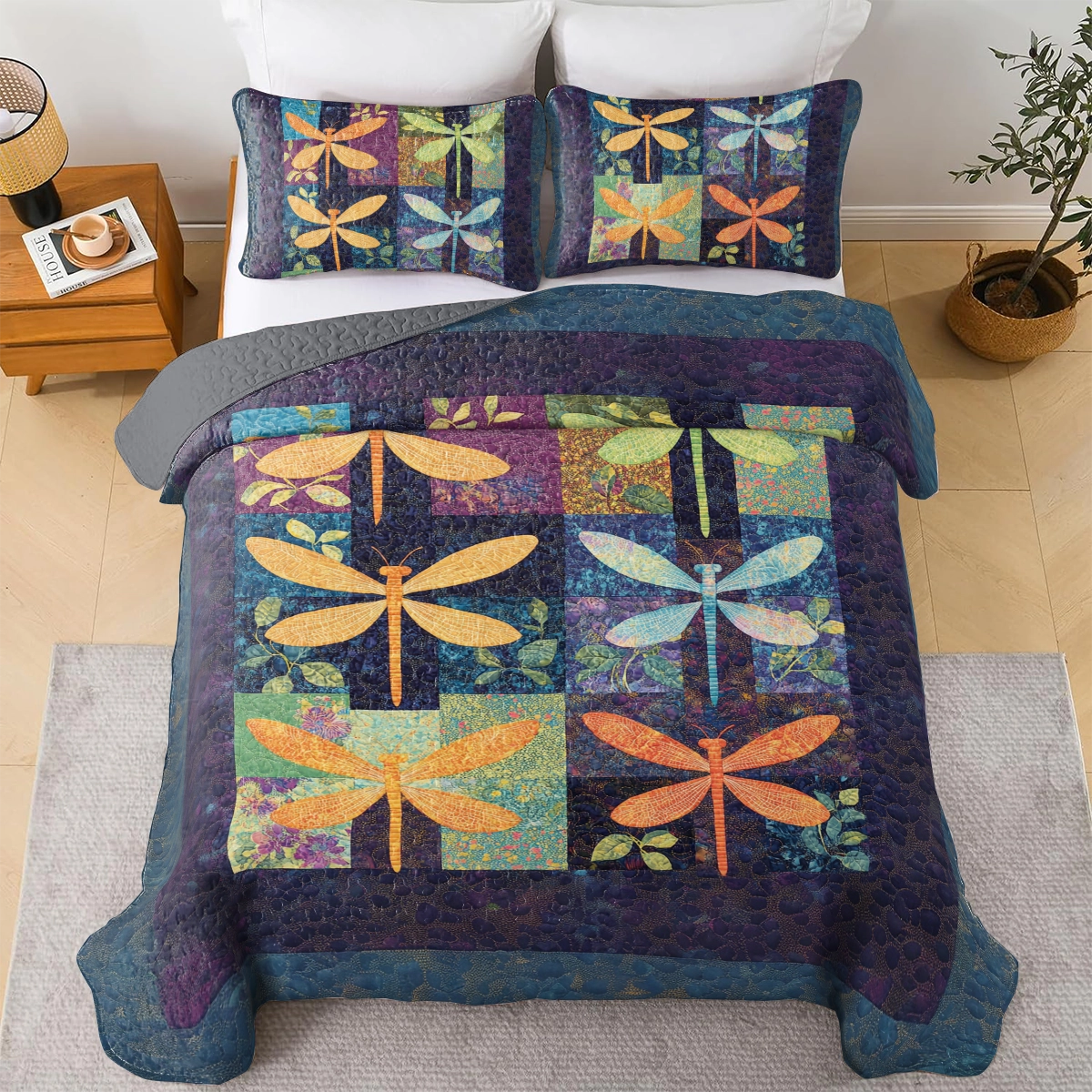 Shineful All Season Quilt 3-Piece Set Dragonfly Serenity Patchwork