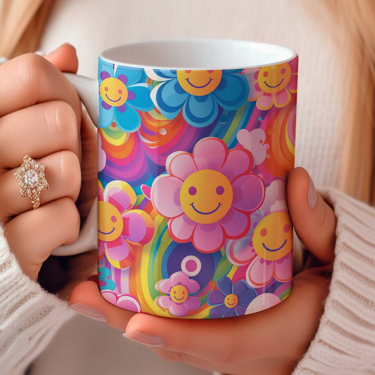 Tasse en céramique brillante avec motif de fleurs colorées