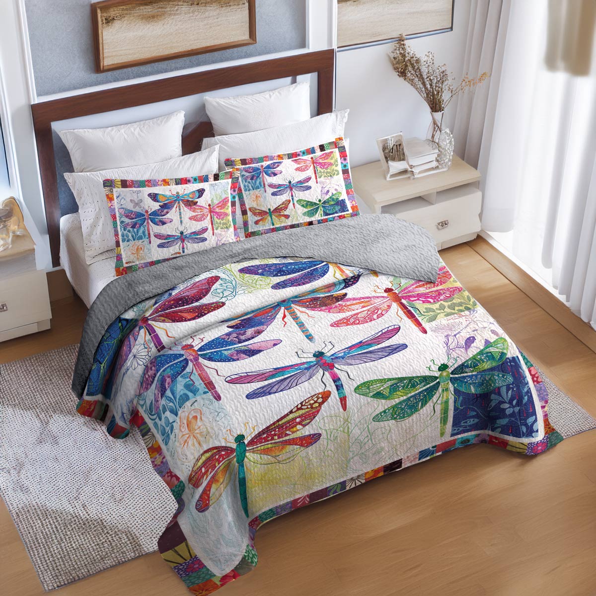 Shineful All Season Quilt 3-Piece Set Vibrant Dragonfly