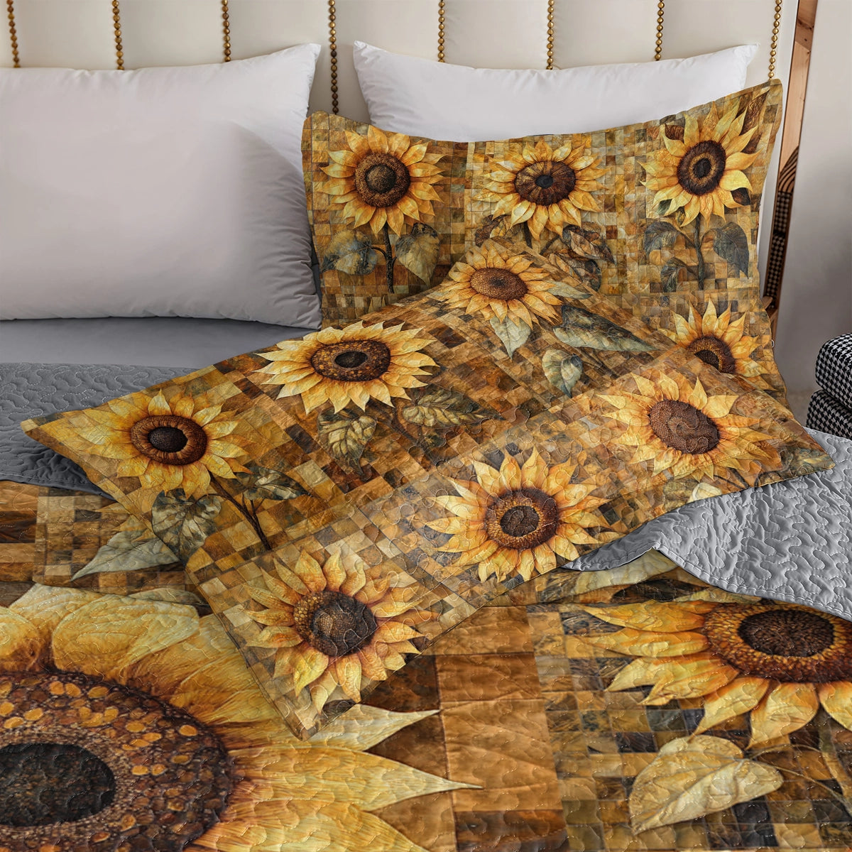 Shineful All Season Quilt 3-Piece Set Golden Rustic Sunflower