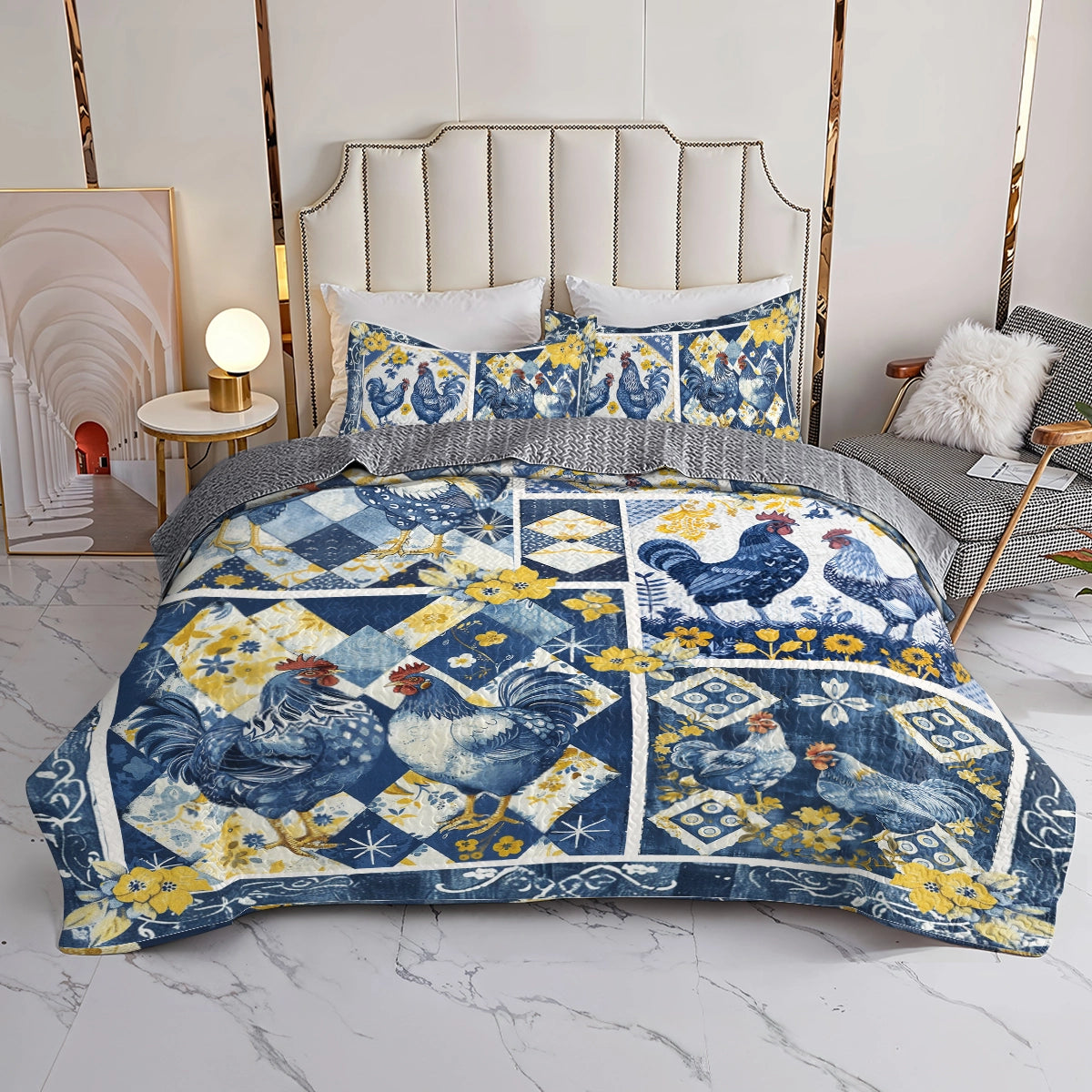 Shineful All Season Quilt 3-Piece Set Blue Rooster