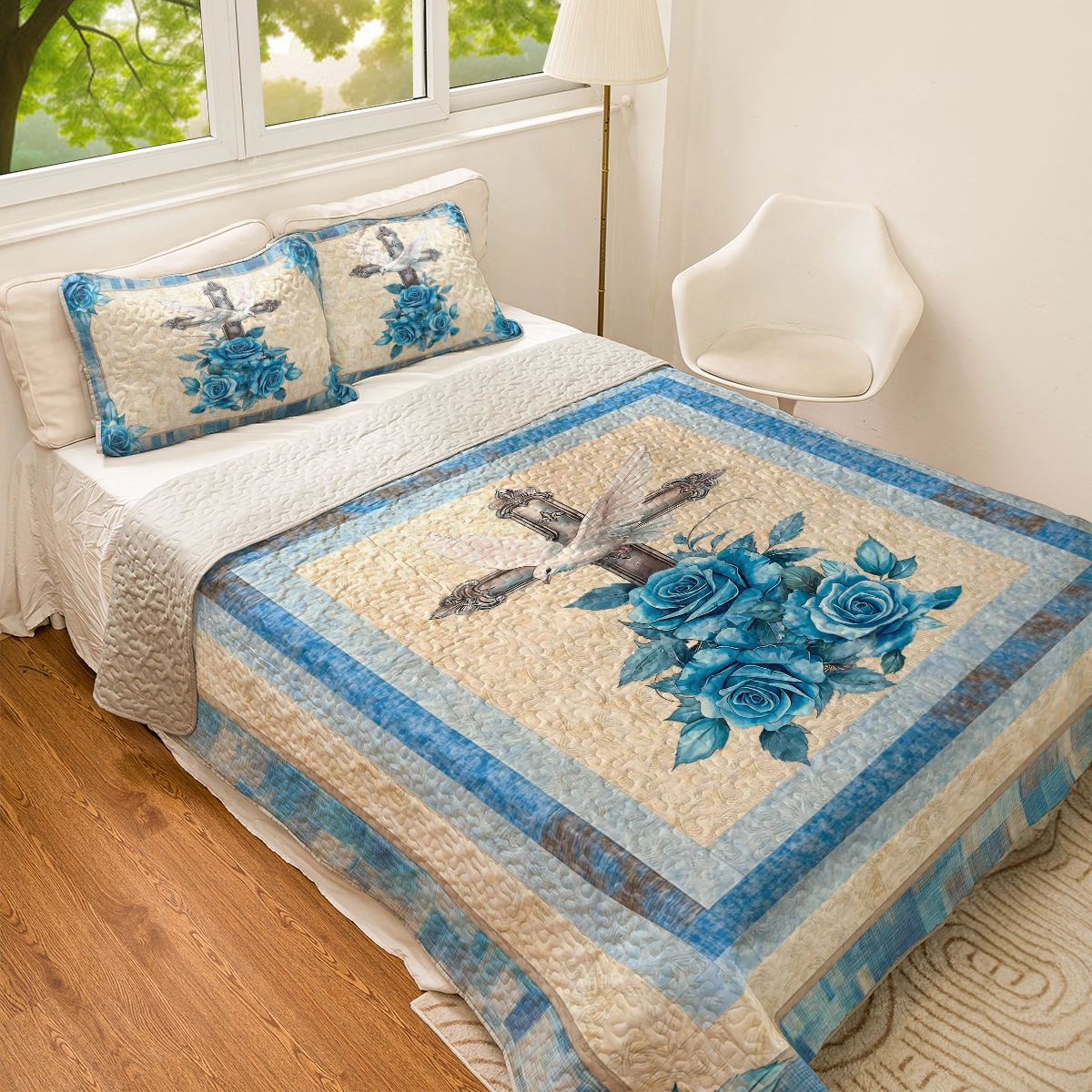 Shineful All Season Quilt 3-Piece Set - God Blue Rose Faith