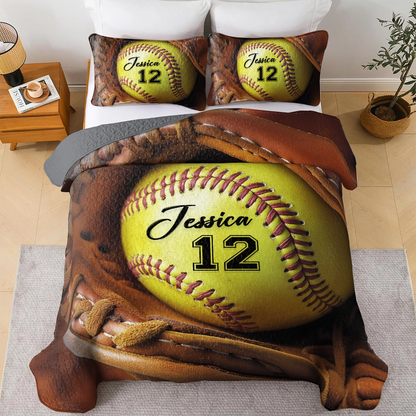 Shineful All Season Quilt 3-Piece Set Personalized Softball Star