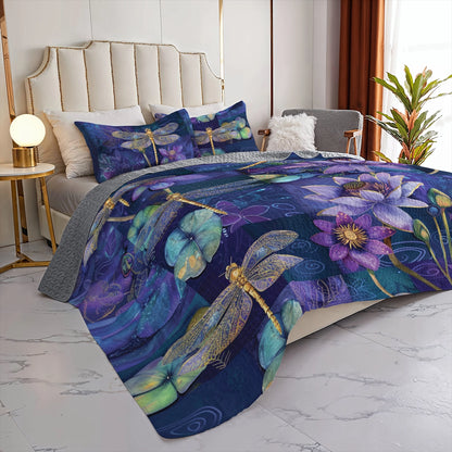 Shineful All Season Quilt 3-Piece Set Enchanted Dragonfly Lotus