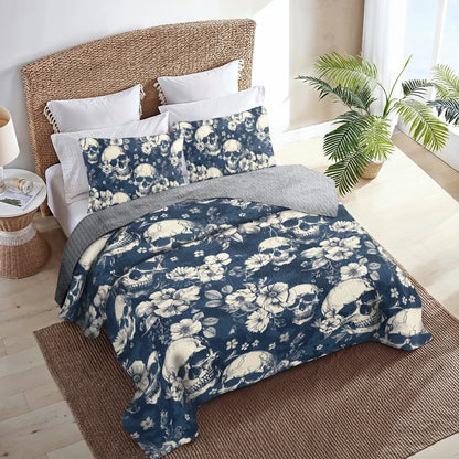 Shineful All Season Quilt 3-Piece Set Midnight Skull Blooms