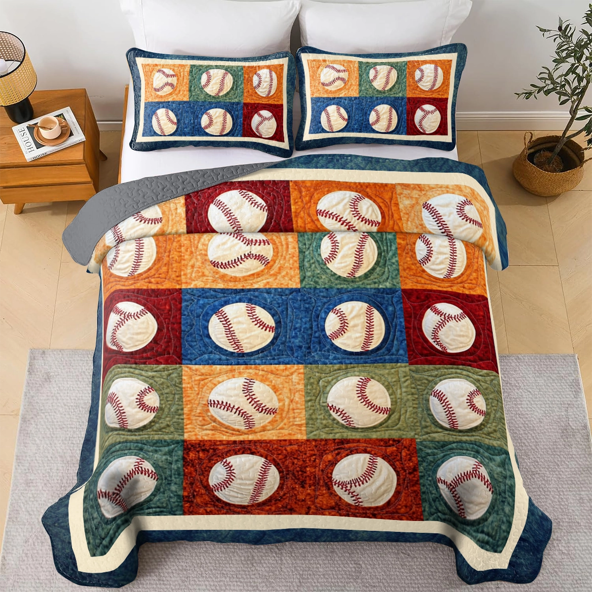 Shineful All Season Quilt 3-Piece Set Baseball Vintage Ballpark Patchwork