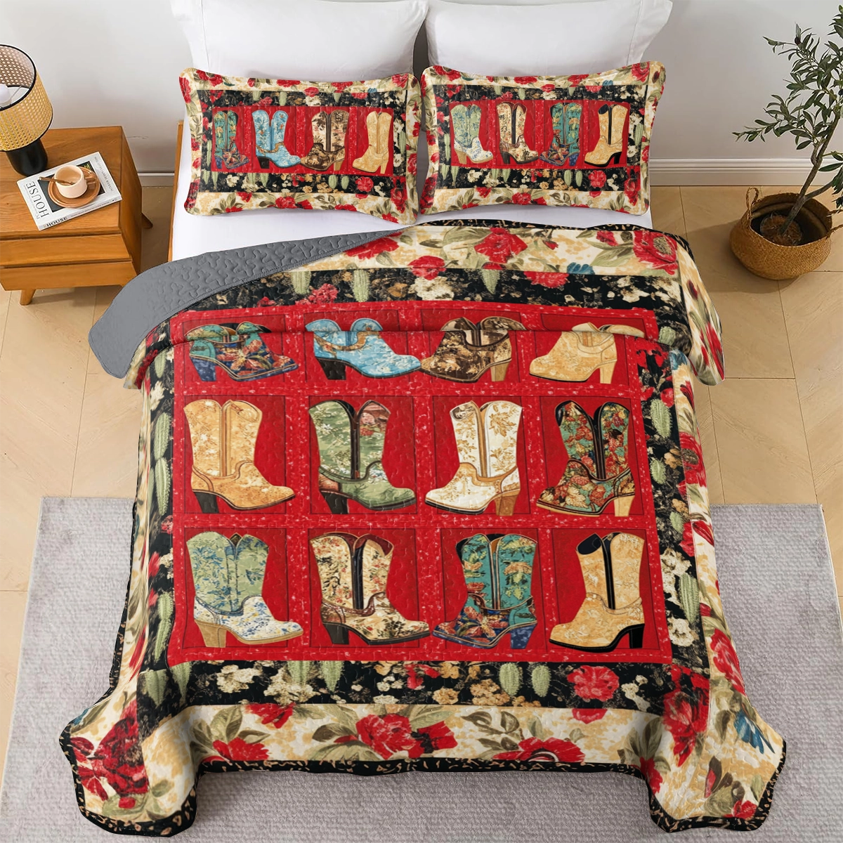 Shineful All Season Quilt 3-Piece Set Beautiful Cactus & Cowboy Boots