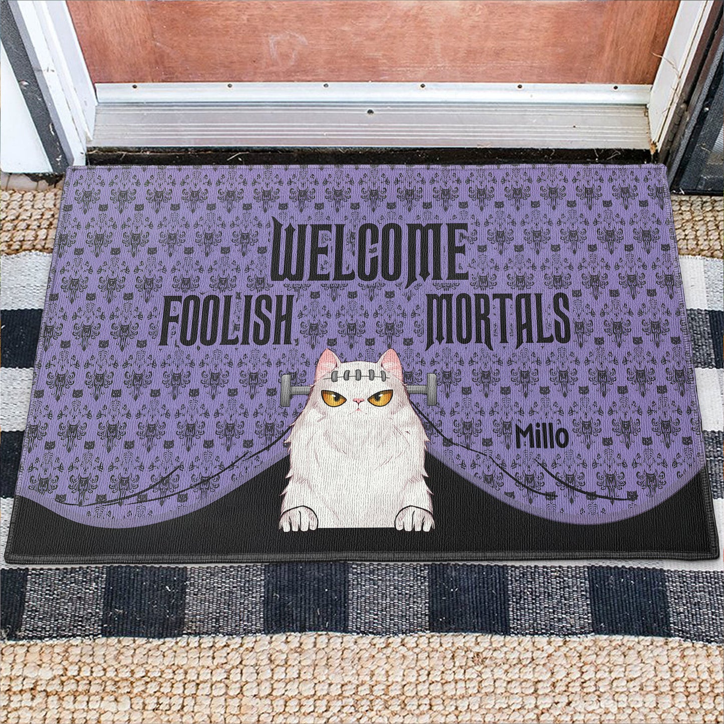 Shineful Doormat Personalized Welcome Foolish Mortals Cat