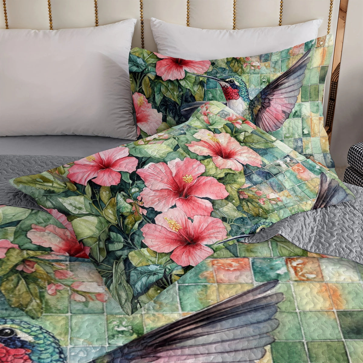 Shineful All Season Quilt 3-Piece Set Hibiscus Hummingbird