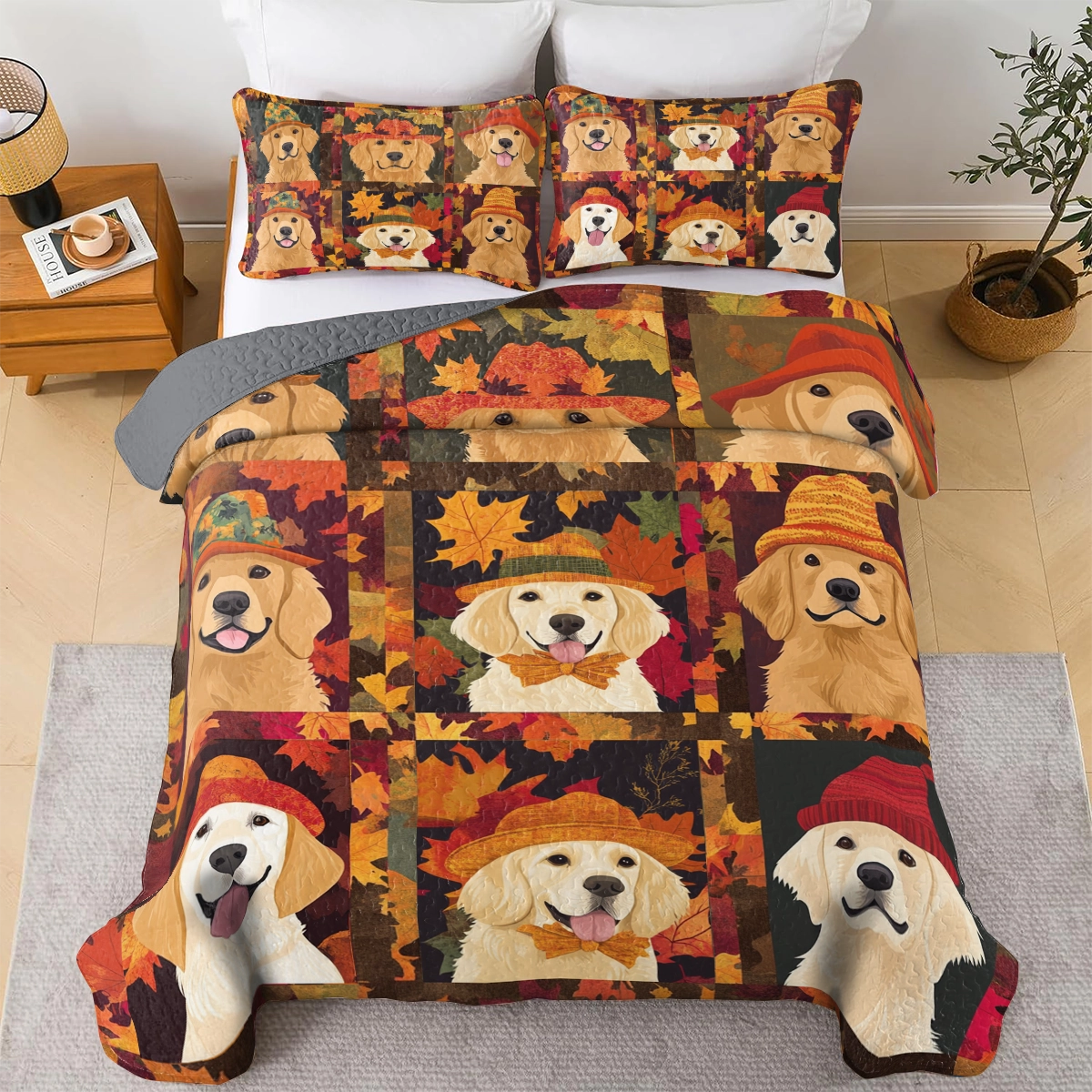 Ensemble de courtepointe toutes saisons Shineful 3 pièces Automne Golden Paw