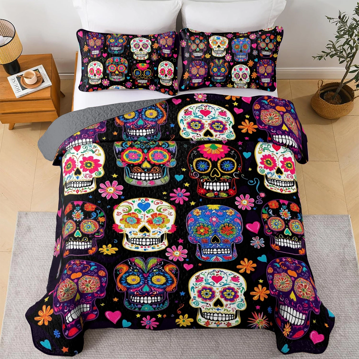 Ensemble de courtepointe toutes saisons Shineful 3 pièces Crâne Calaveras coloré