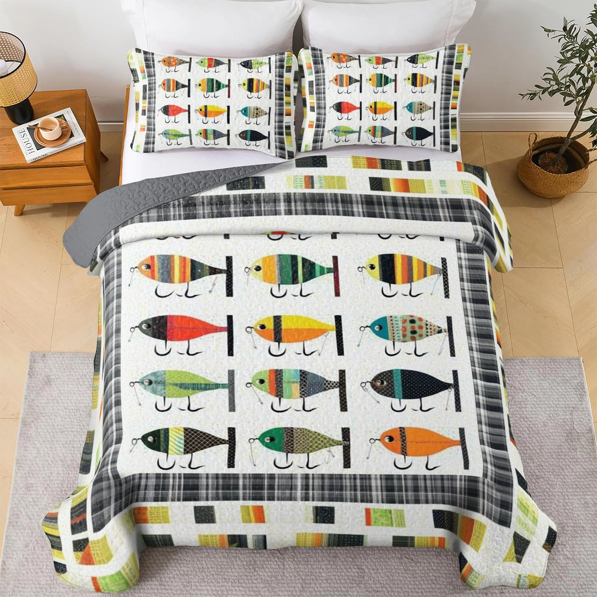 Shineful All Season Quilt 3-Piece Set Vintage Fishing Lures