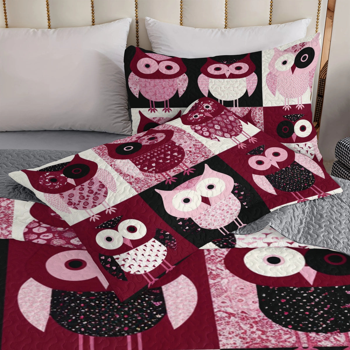 Ensemble de courtepointe toutes saisons Shineful 3 pièces Ravissant hibou rose