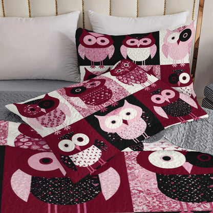 Ensemble de courtepointe toutes saisons Shineful 3 pièces Ravissant hibou rose