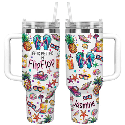 Glänzender Becher mit personalisiertem Sunny Flipflop