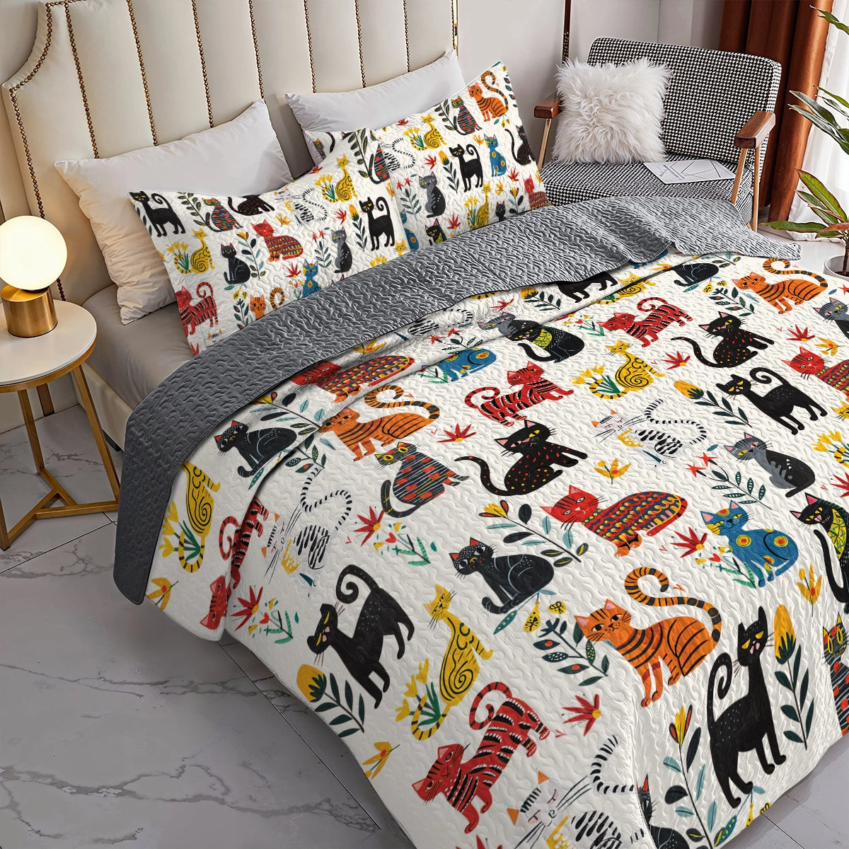 Shineful All Season Quilt 3-Piece Set Cute Whimsical Cat