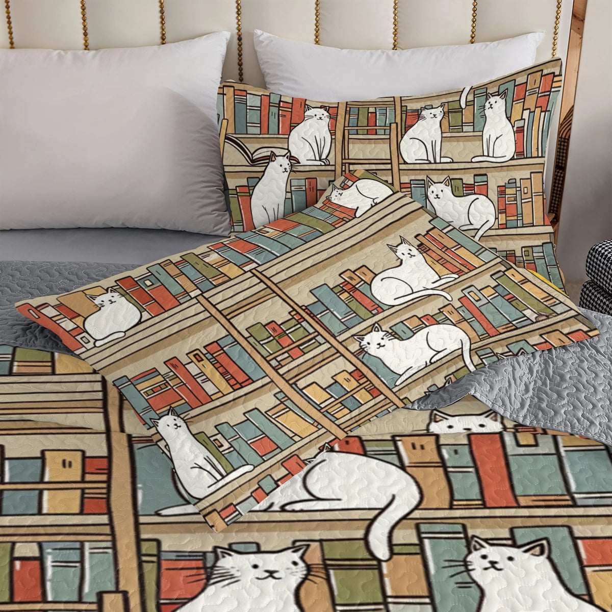 Shineful All Season Quilt 3-Piece Set Cozy Library Cats