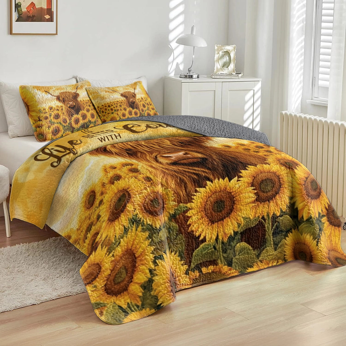 Shineful All Season Quilt 3-teiliges Set – Sunflower Snuggles Highland Cow