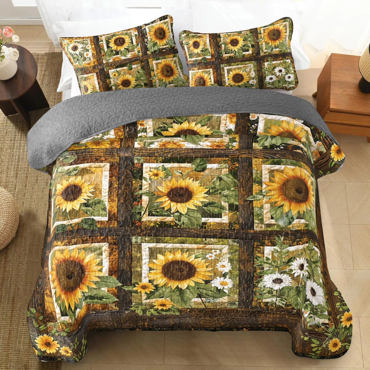 Shineful All Season Quilt 3-Piece Set Rustic Sunflower