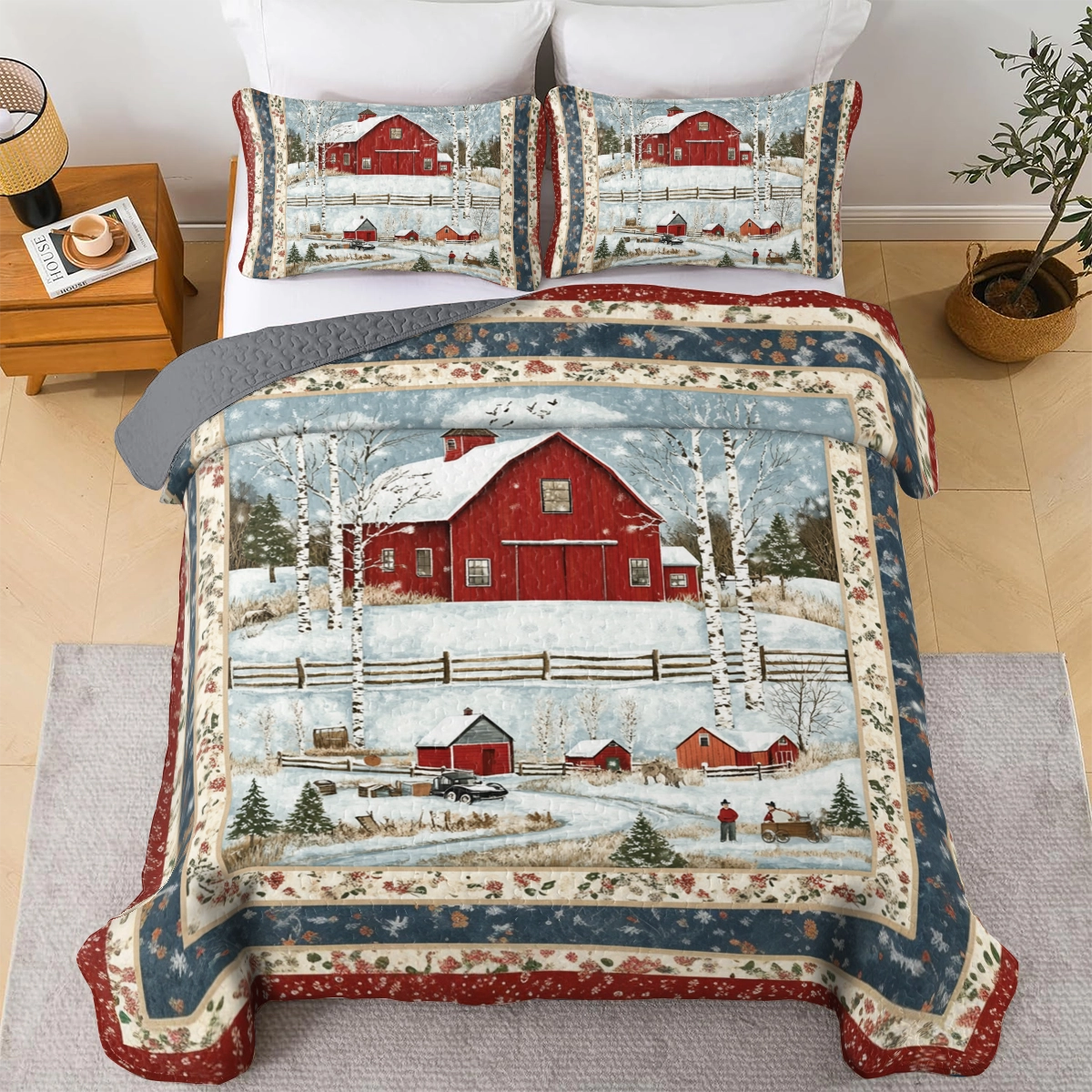 Shineful All Season Quilt 3-Piece Set Red Barn Christmas