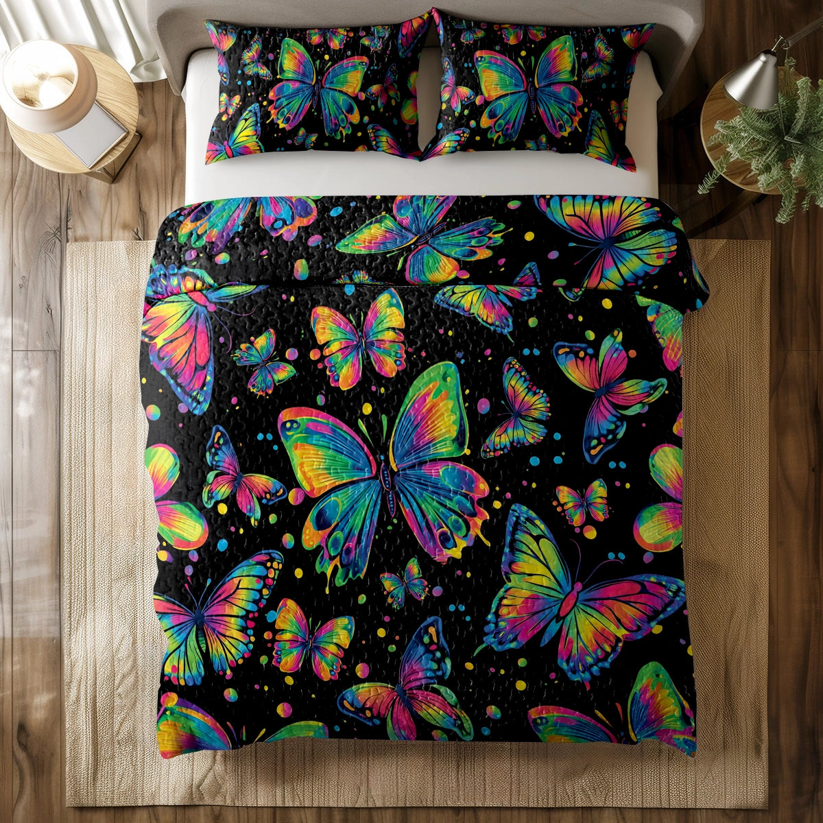 Shineful All Season Quilt 3-Piece Set - Neon Butterfly Dreams