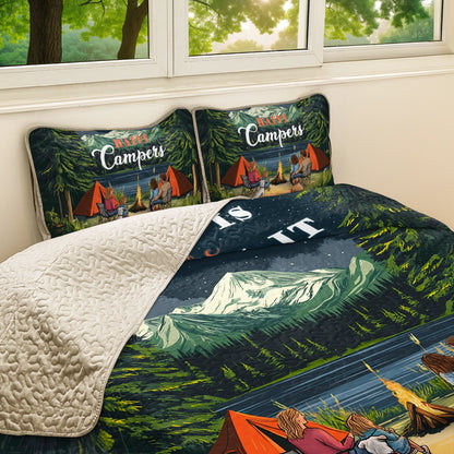 Shineful All Season Quilt 3-Piece Set - Camping Family Campfire