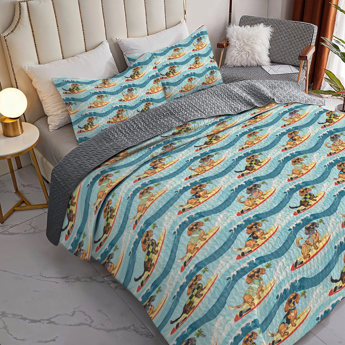 Shineful All Season Quilt 3-Piece Set Dachshund Surfing