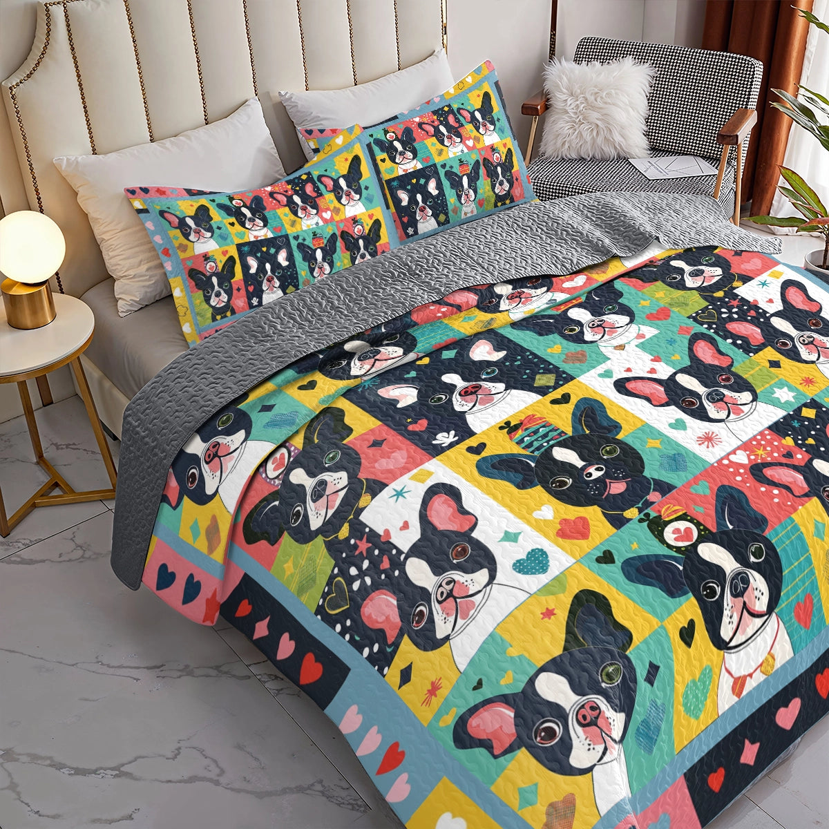 Shineful All Season Quilt 3-Piece Set Boston Terriers Whimsy