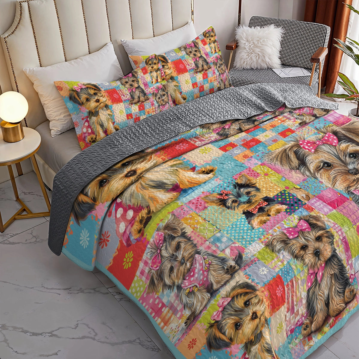 Shineful All Season Quilt 3-Piece Set Adorable Yorkie Patchwork