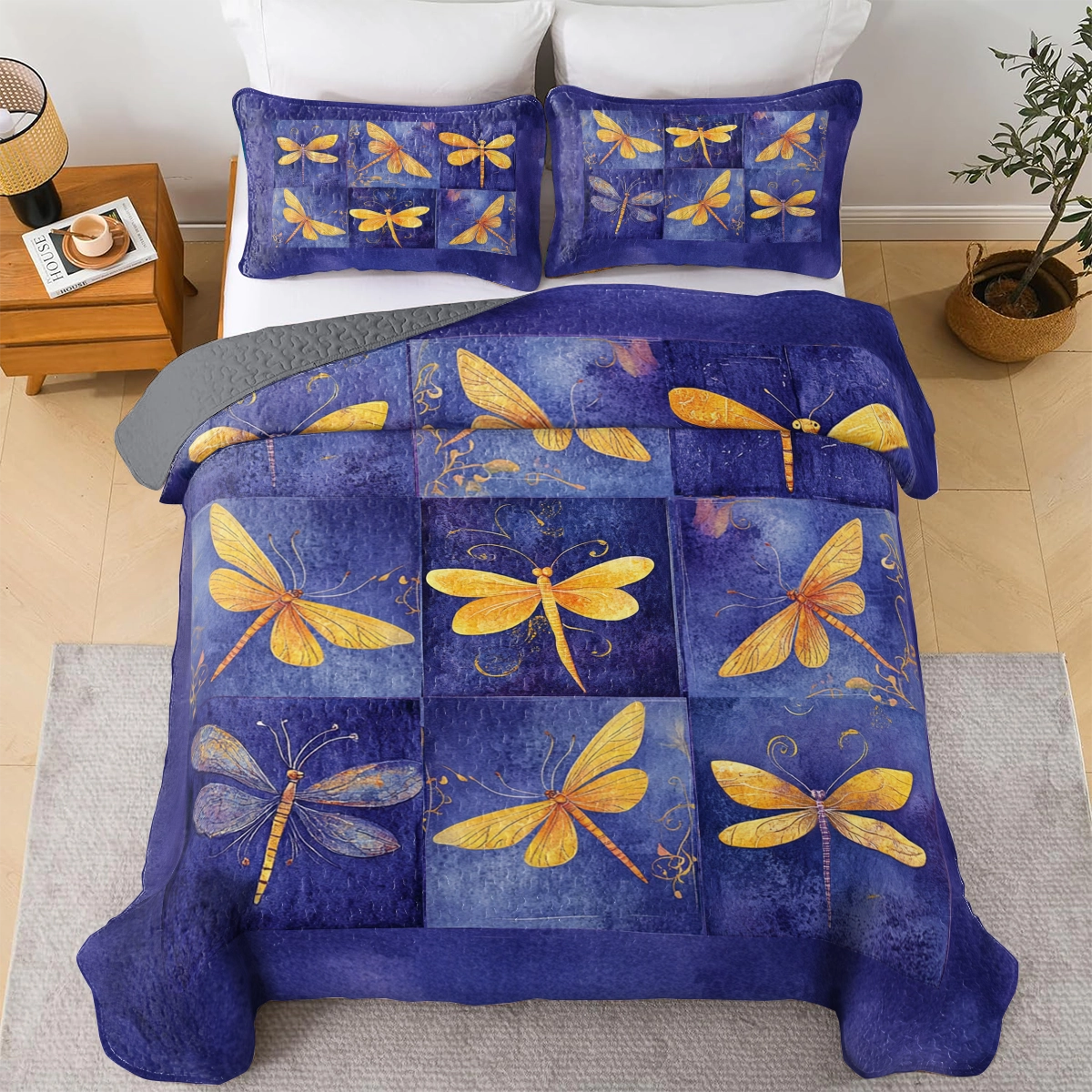 Shineful All Season Quilt 3-Piece Set Dragonfly Twilight Tranquility