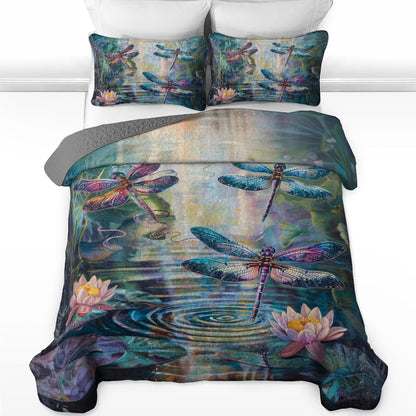 Shineful All Season Quilt 3-Piece Set Dragonfly Lotus