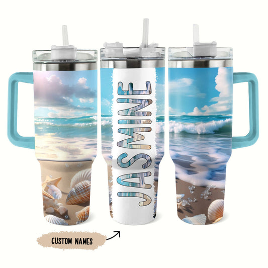 Glänzender Becher mit Aufschrift „Love Beach“