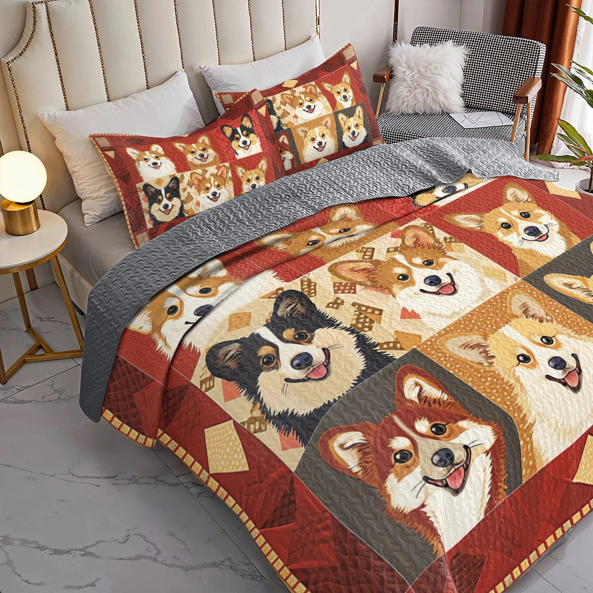 Ensemble de courtepointe toutes saisons Shineful 3 pièces Corgi Coziness 