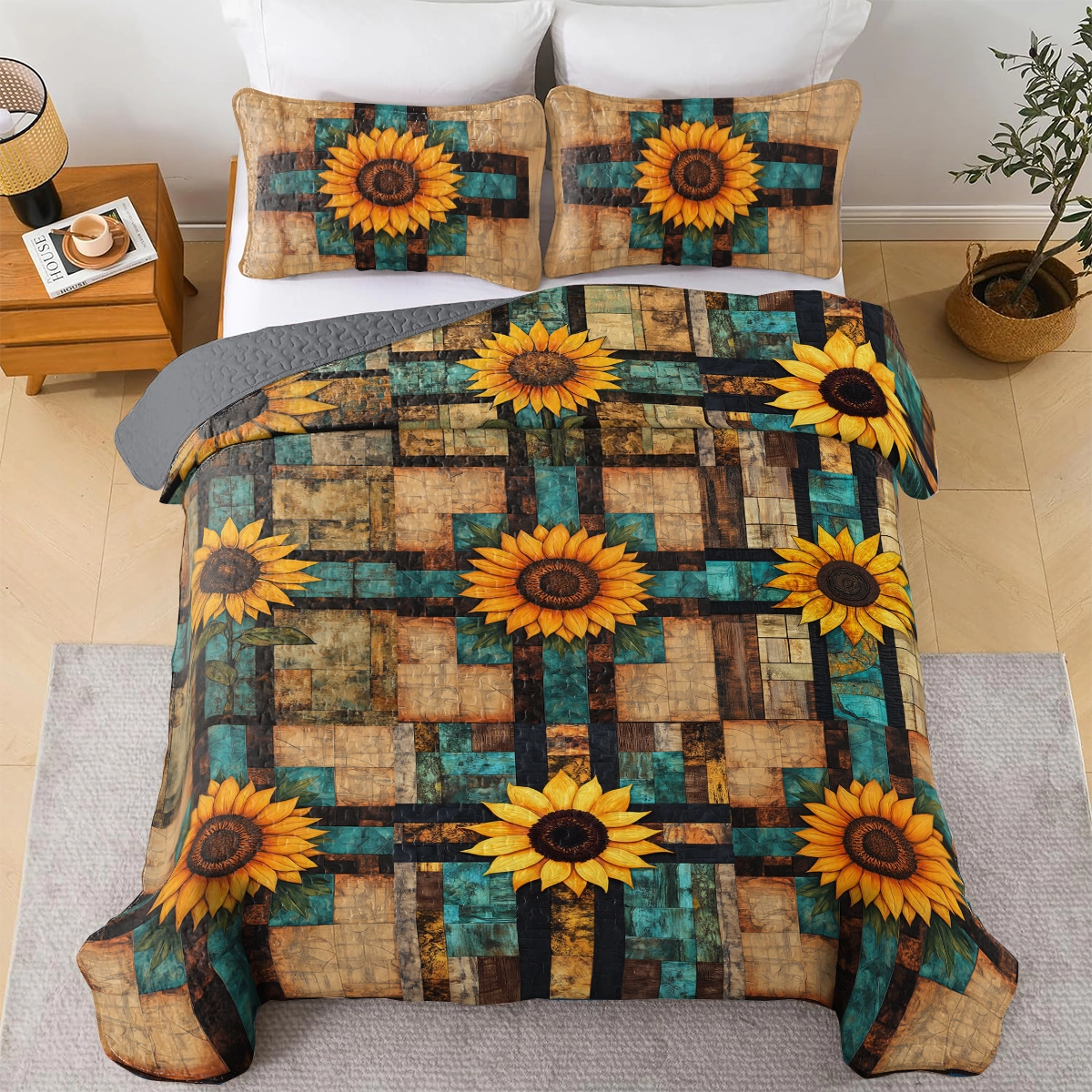 Shineful All Season Quilt 3-Piece Set God Rustic Sunflower