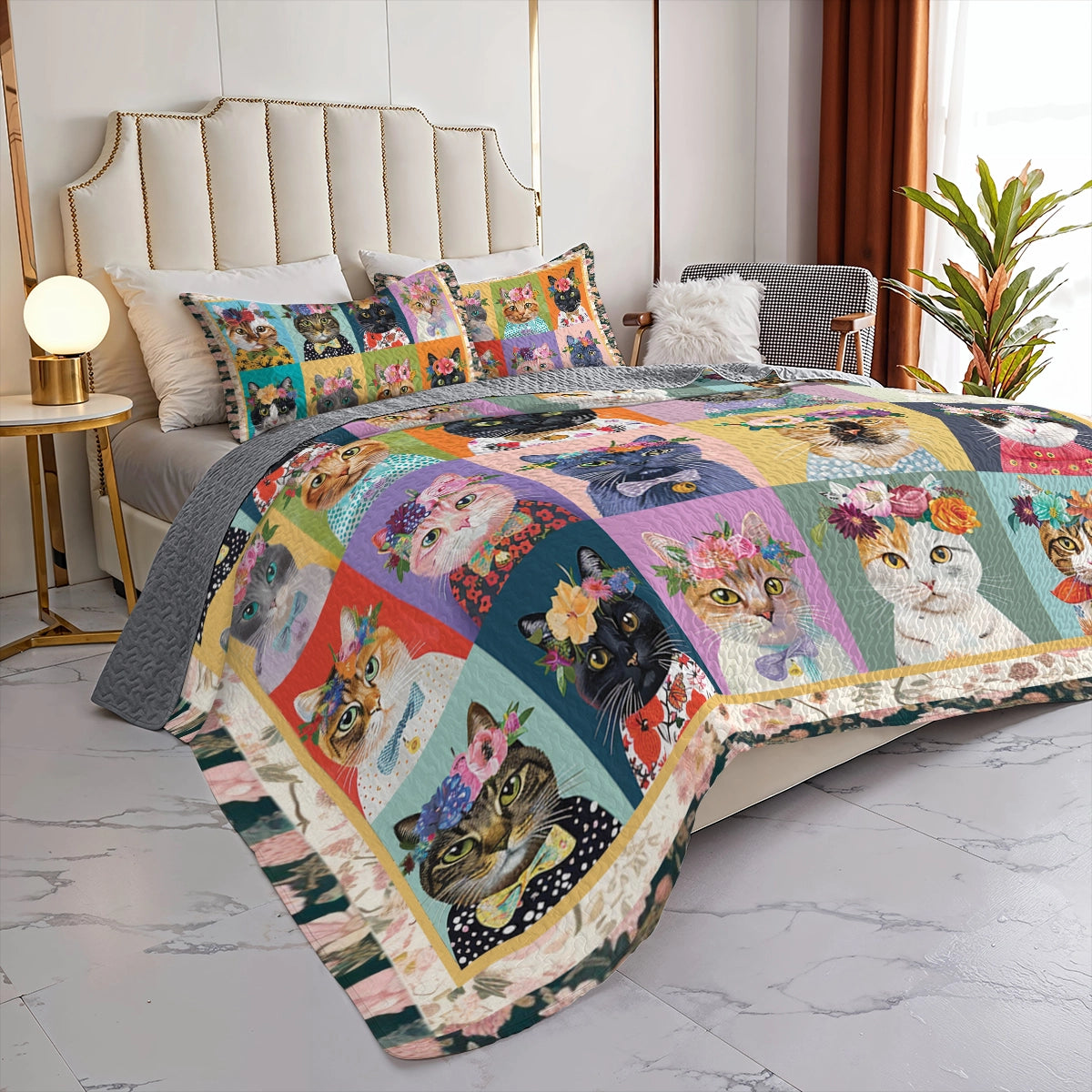 Shineful All Season Quilt 3-Piece Set Floral Cat Fantasy