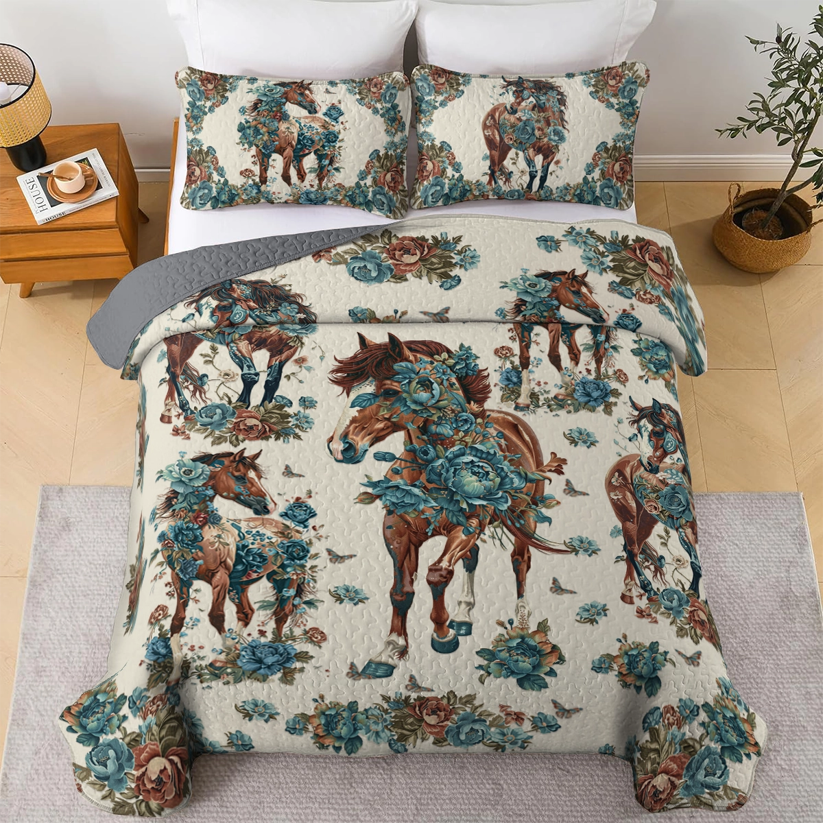 Shineful All Season Quilt 3-Piece Set Horse Floral Gallop